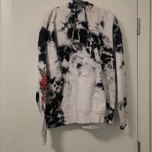 Tie-Dye Black & White Hoodie Sweatshirt with Embroidered Rose - Men